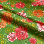 サテンプリント亀甲×牡丹柄 切り売り=1m単位 抹茶のみ 【メール便は7m